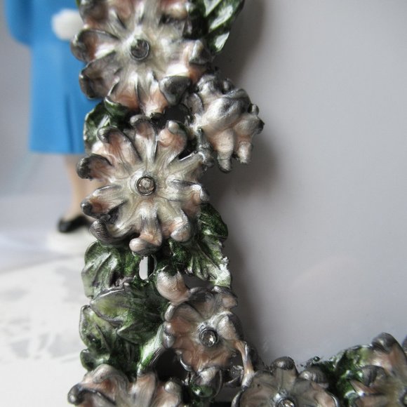 Enamel Floral Leaf Rhinestone Pink Flowers Small Picture Frame - Picture 5 of 9